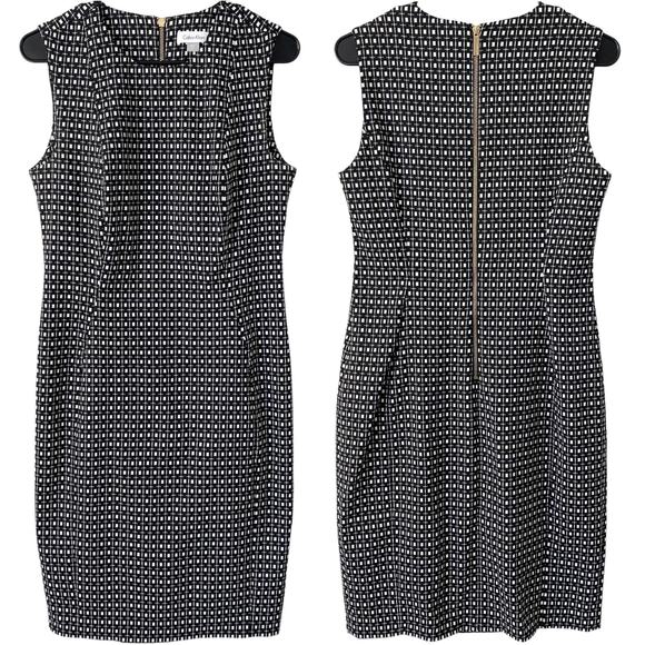 CALVIN KLEIN Career Dress Sheath Sleeveless Geometric Print Size 10 Black White - Picture 1 of 5